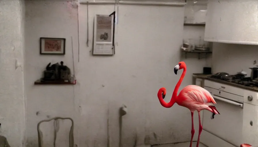 Prompt: a flamingo in a stalinist style kitchen, by mini dv camera, very very low quality, heavy grain, very blurry, accidental flash, webcam, caught on trail cam