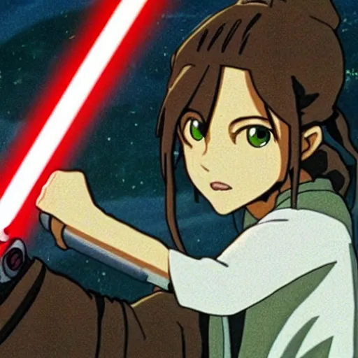 Image similar to a young jedi woman holding a lightsaber, from studio ghibli's star wars anime, sci - fi, animation