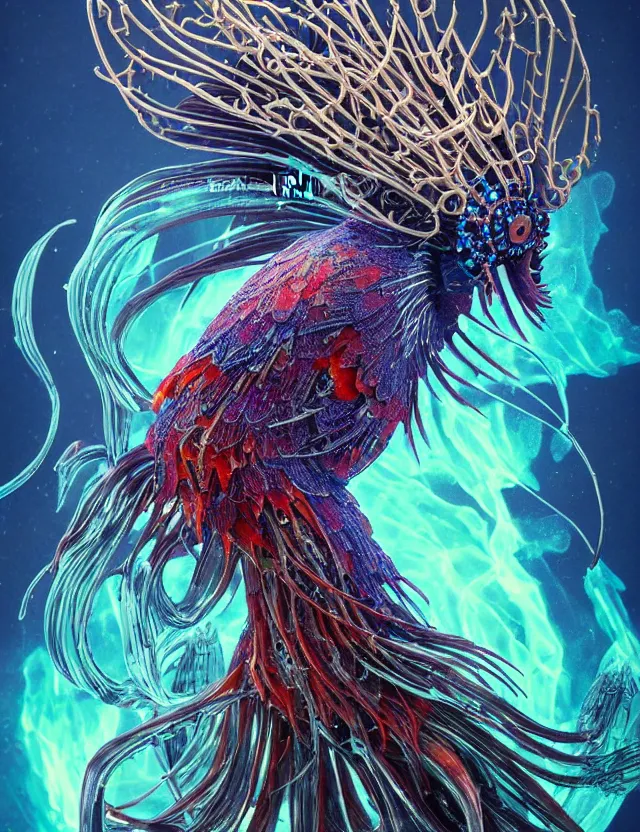 Image similar to witch phoenix macro close - up portrait with crown made of ram skull. phoenix, betta fish, jellyfish, bioluminiscent, plasma, ice, water, wind, creature, super intricate ornaments artwork by tooth wu and wlop and beeple and greg rutkowski