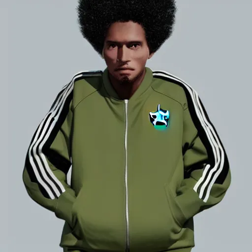 Image similar to low polygon render of a black man with afro hair and raspy bear stubble, wearing an army green adidas jacket, high quality, minimalist