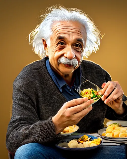 Prompt: A photo of Albert Einstein eating panipuri, highly detailed, trending on artstation, bokeh, 90mm, f/1.4