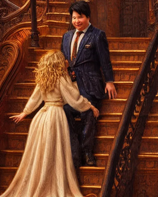 Image similar to a close up portrait of michael mcintyre & a blonde lady on staircase at livraria lello, real life skin, intricate, highly detailed, artstation, concept art, smooth, sharp focus, art by artgerm and greg rutkowski