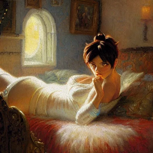 Prompt: Gaston Bussiere painting of Tracer (Overwatch) lounging in her bedroom, dramatic lightning, candlelit