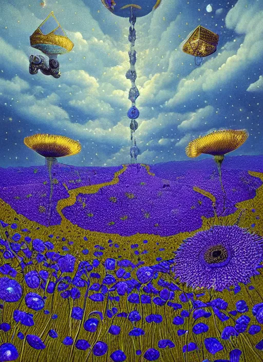 Image similar to detailed, intricate blue black and purple papaverum flower on the field, nebula, galaxy in the sky, winning award masterpiece, fantastically beautiful, illustration, aestheticly inspired, jacek yerka, upscale with anguissola sofonisba work, artstation, 8 k