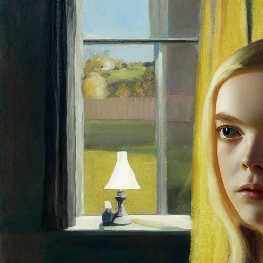 Prompt: Elle Fanning as an Android, oil on canvas, golden hour, artstation, by Andrew Wyeth and Edward Hopper,