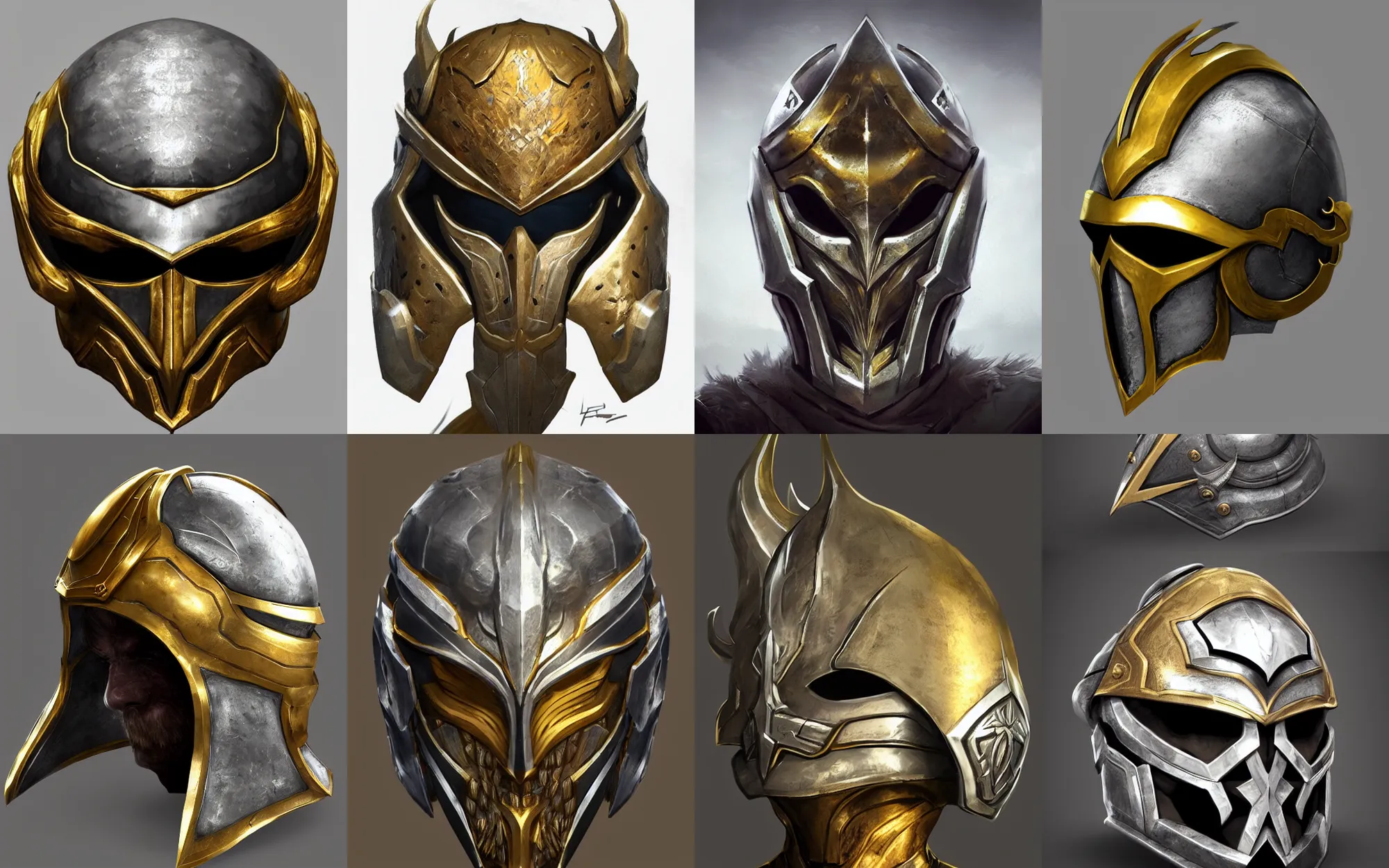 Prompt: very stylish fantasy helm, silver with gold accents, game concept art, trending on artstation
