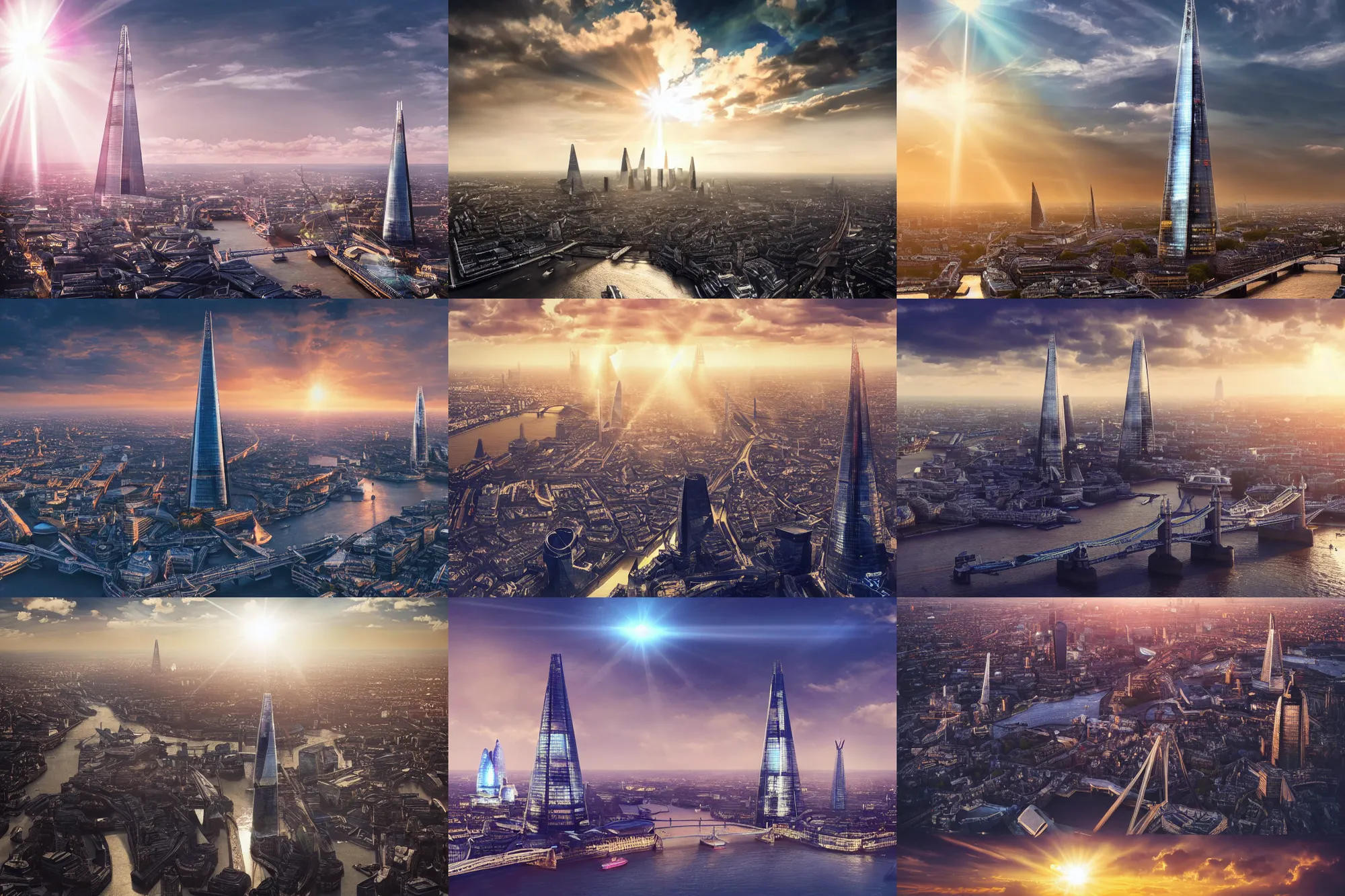 Prompt: futuristic cityscape, London, the Shard, Big Ben, Tower Bridge, Thames River, sunset, god rays, clouds, lens flare, mega city, ultrahigh detail, trending on artstation, Ayan Nag, Marcin Rubinkowski, Adrien Girod, Adam Varga, Xue Han, Godwin Akpan