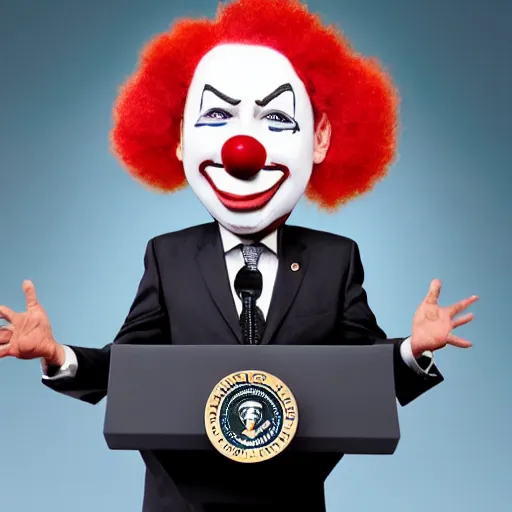 Image similar to photo of a television with a president with clown face giving a speech