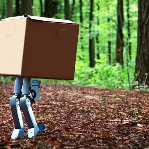 Prompt: robot made of a cardboard box, walking through the forest