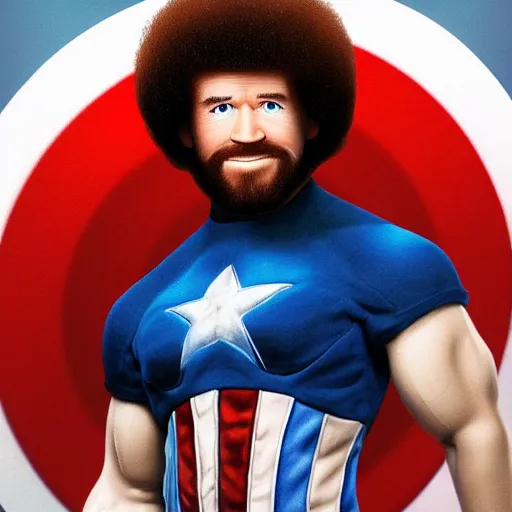 Prompt: Bob Ross as Captain America, photography, portrait