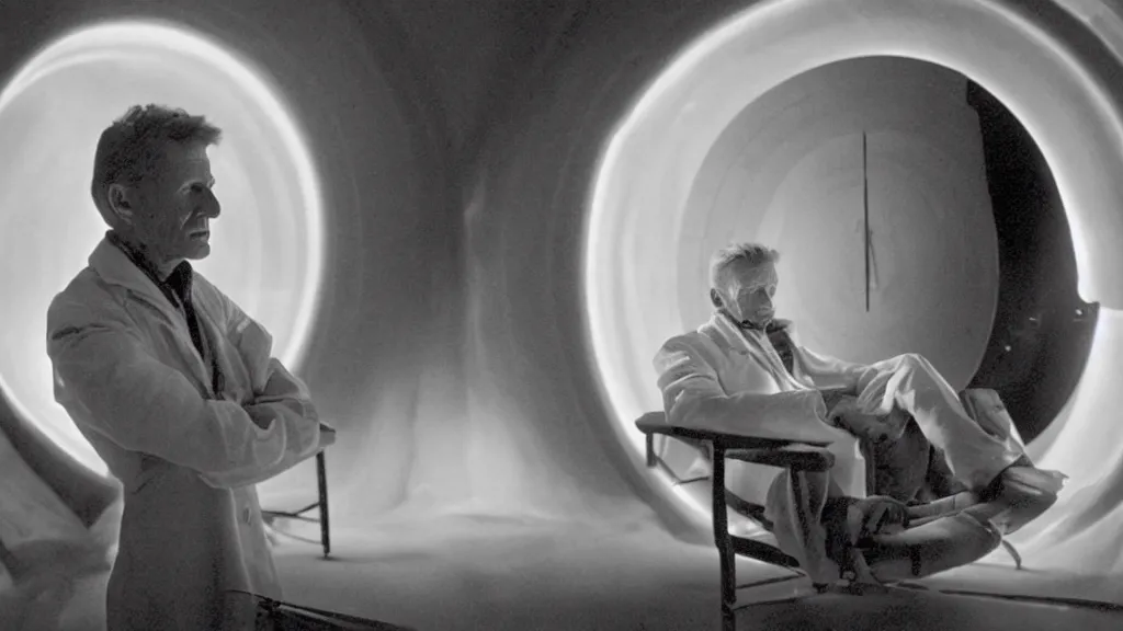 Image similar to an mri image of james cavell in the living room, film still from the movie directed by denis villeneuve with art direction by salvador dali, wide lens