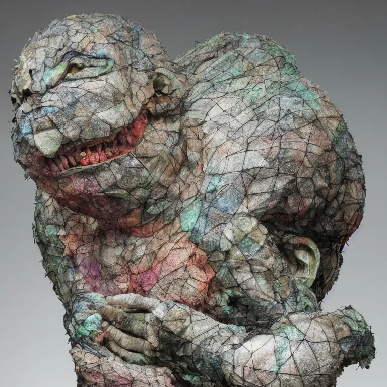 Image similar to hyperrealistic sculpture of a stone fossilized chibi ultraman kaiju dusted with opalescent spraypaint and ferns in a nylon grid cage on a pedestal by ron mueck and duane hanson and lee bontecou, hyperrealistic dramatic colored lighting trending on artstation 8 k