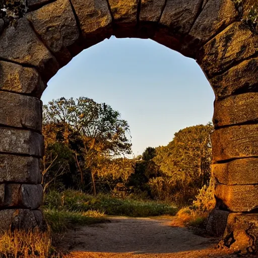 Image similar to woodland path golden hour wide angle. stone archway on the left. inside the archway is a portal to another land with bright sunlight and a seashore. a silhouette of a humanoid stands in the portal, highly textured, adventurous