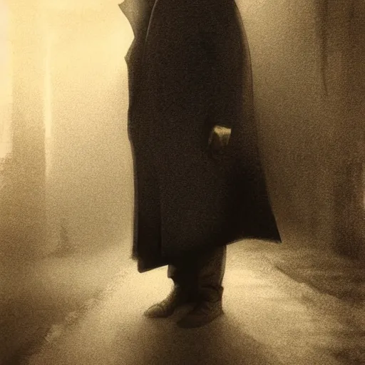 Prompt: man posing in the dark with a fedora hat and a trench coat, dark photo, noir, horror, digital illustration, matte painting, rutkovski, beksinski