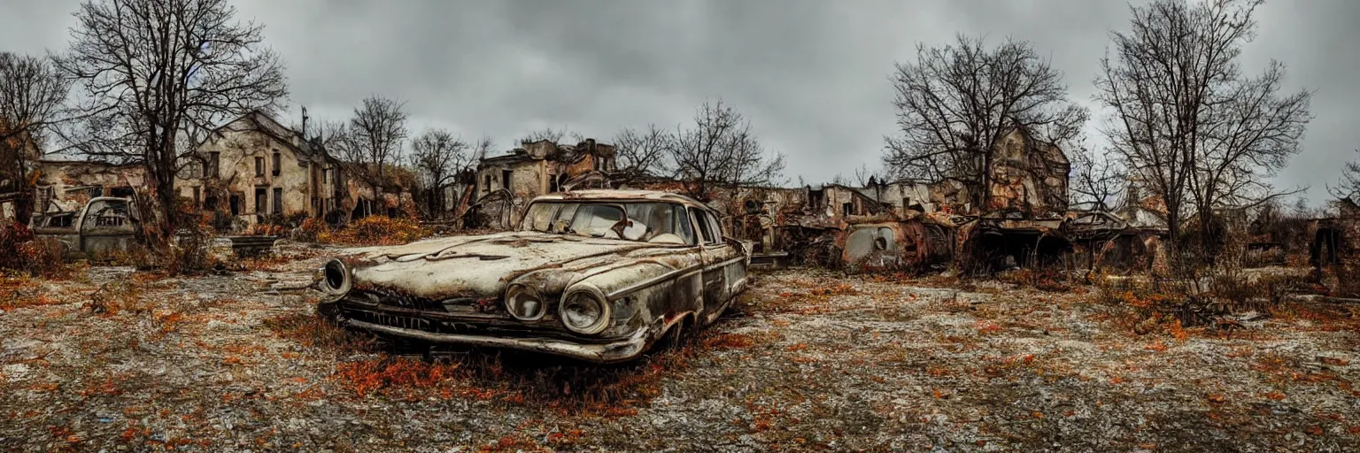 Prompt: low wide angle shot of dilapidated fallout 5 europa, retro futuristic overgrown euro rural town, decrepit road, dilapidated european houses, few rusted retro futuristic vintage parked vehicles like cars, volumetric lighting, photorealistic, daytime, autumn, cold sunny weather, sharp focus, ultra detailed, 4 2 0 0 k
