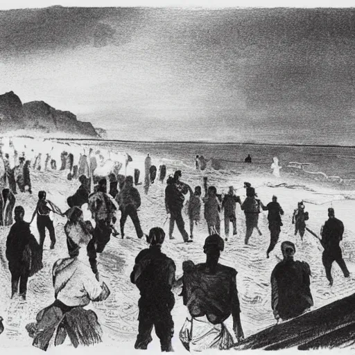 Image similar to This print depicts a scene from the Spanish Civil War, which was a time of great turmoil and strife in Spain. The print shows a group of people on a beach, with the ocean in the background. The people in the print are all different sizes and shapes, and they are all looking in different directions. The print is full of color and movement, and it is very expressive. The print is also very powerful and emotional, and it has a very strong impact on the viewer. Shutterstock by Antoine Blanchard perspective