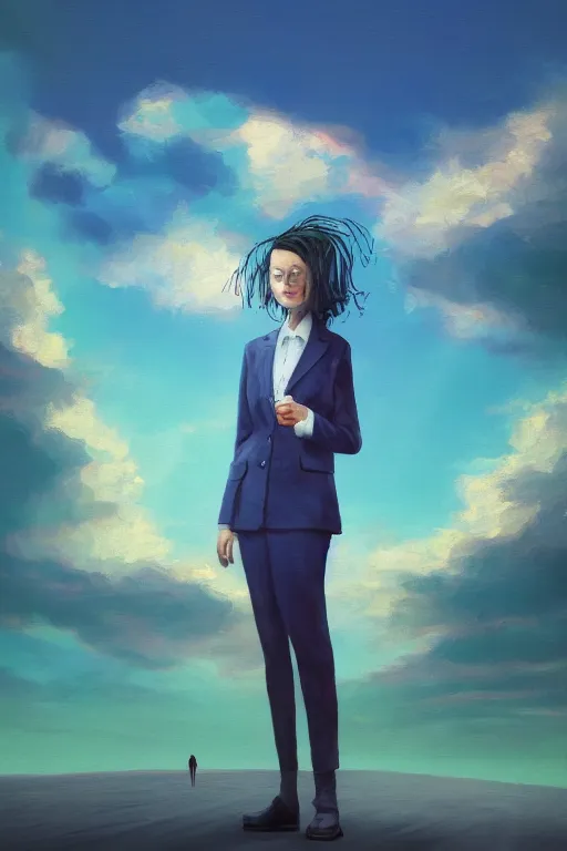 Image similar to closeup giant dahlia flower head, girl in a suit, street, surreal photography, blue sky, sunrise, dramatic light, impressionist painting, digital painting, artstation, simon stalenhag