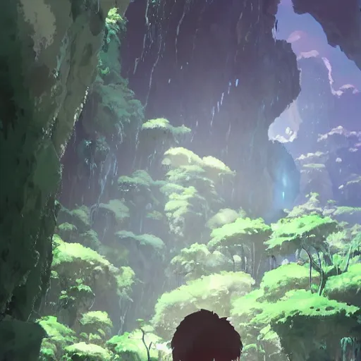 Prompt: an explorer exploring a large cave, water, by Dice Tsutsumi, Makoto Shinkai, Studio Ghibli