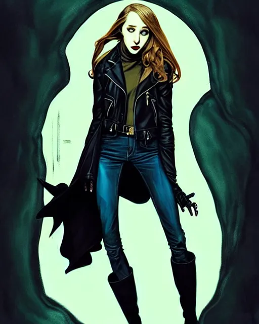 Image similar to rafael albuquerque comic art, peter mohrbacher, steve niles, artgerm, pretty taissa farmiga witch, symmetrical eyes, black leather jacket, jeans, long blonde hair