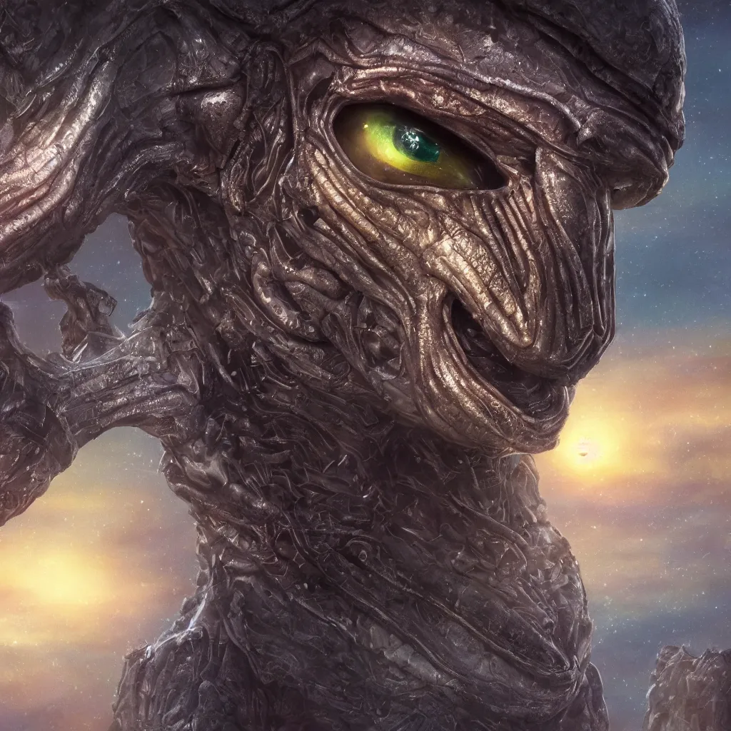 Prompt: a high-resolution extreme closeup portrait photo of an alien, beautiful low light, style thomas kinkade render 8k