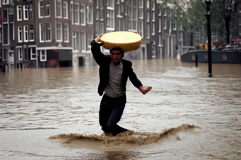 Image similar to closeup potrait of a man carrying a wheel of cheese over his head in a flood in Amsterdam, photograph, natural light, sharp, detailed face, magazine, press, photo, Steve McCurry, David Lazar, Canon, Nikon, focus