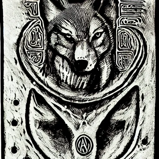 Image similar to wolf with three heads iconography old occult runes intaglio etching engraving alchemy ink witchcraft