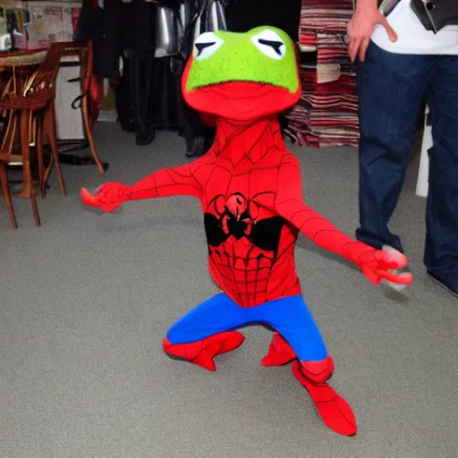 Image similar to Kermit dressed as spiderman.