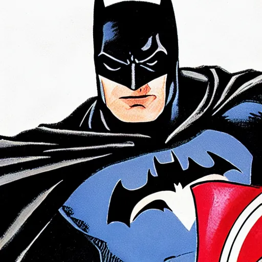 Image similar to high quality art of batman with captain's america shield in his hand