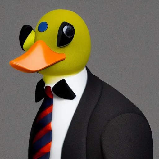 Image similar to a high detail photo of an antropomorphic duck wearing a suit, subject= duck, subject detail: wearing a suit, photorealism