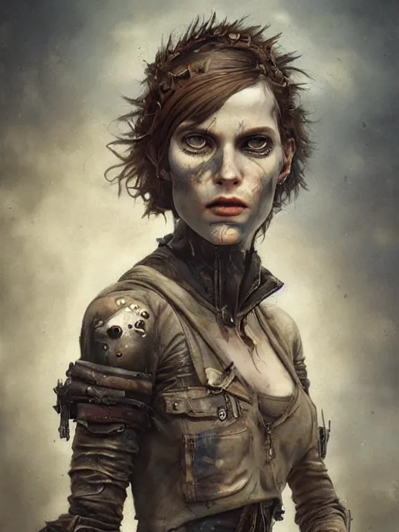 Image similar to a punk portrait of how to survive in a wasteland with shadowy eyes and sepia hair, with cracked parched lips, hyperrealistic, award-winning, in the style of Tom Bagshaw, Cedric Peyravernay, Peter Mohrbacher