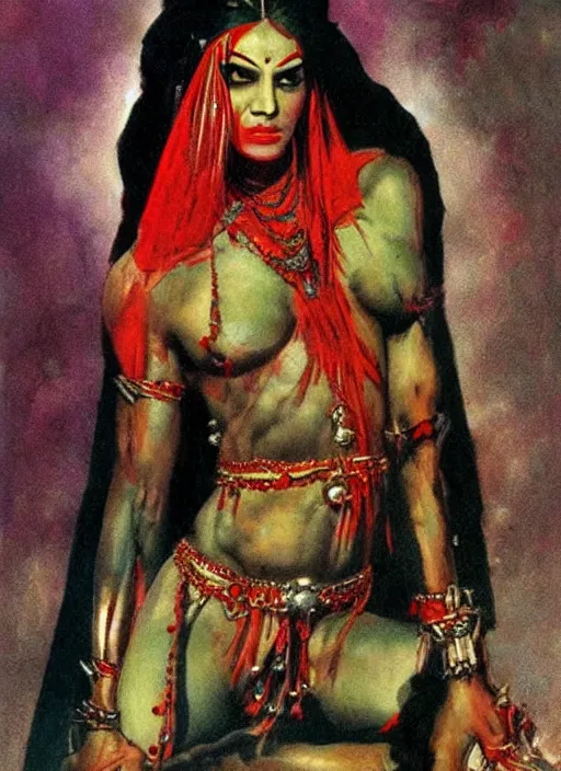 Image similar to portrait of muscular indian vampiress, jeweled veil, strong line, saturated color, beautiful! coherent! by frank frazetta, high contrast, minimalism