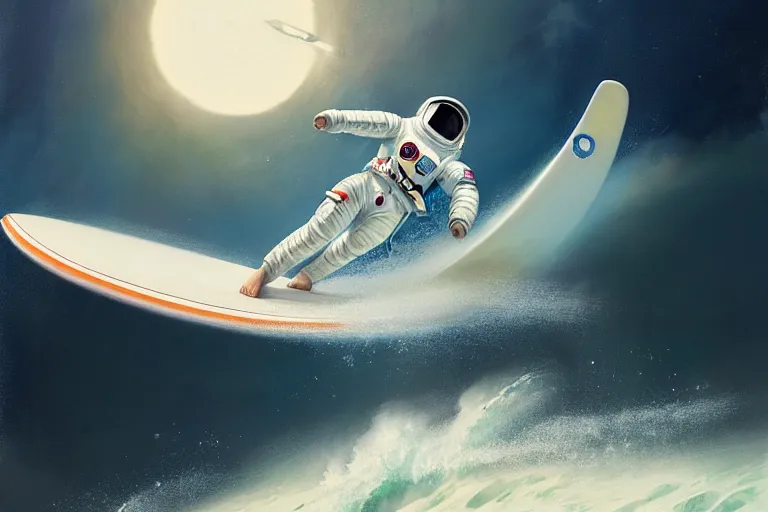 Image similar to a beautiful digital painting of an astronaut in a white space suit surfing the great wave on a surfboard by greg rutkowski, photorealistic, trending on artstation, highly detailed, intricate, unreal engine, octane render