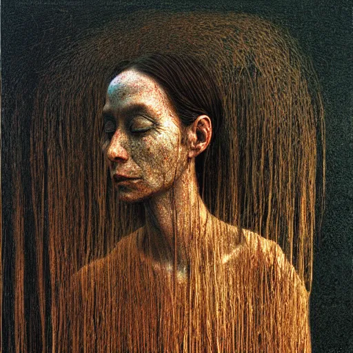 Prompt: portrait of 10000 years old girl, painting by Beksinski