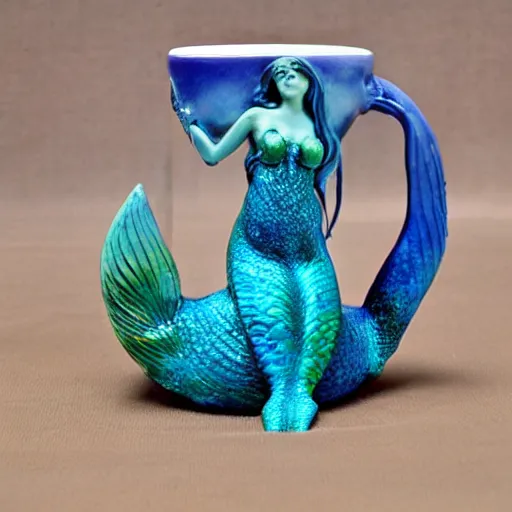 Image similar to a ceramic realistic mermaid sculpture mug, creative, beautiful, award winning design, functional, colorful