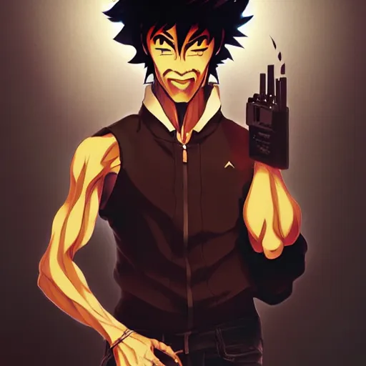 Image similar to crazy asian man as the caracter of cowboy bebop anime by artgrem, greg rutkowski, artgerm, kuvshinov