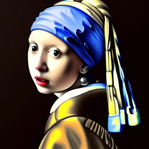 Prompt: Girl with Pearl Earring, painting by Johannes Vermeerstarry badly edited with photoshop