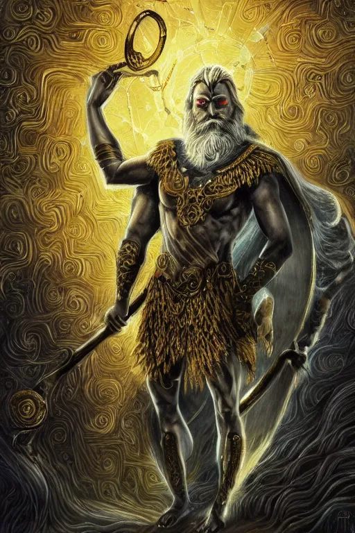 Image similar to mythological odin all father god of thunder and artificial intelligence creating himself with an artificial neural network with gold synapses on an anvil, high resolution, award winning art, trending on art station, sharp image, incredibly detailed, detailed character realistic painting