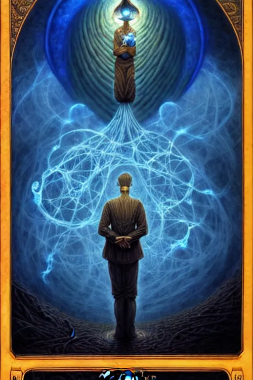 Prompt: The Network Admin, tarot card, by tomasz alen kopera and Justin Gerard, computer, short hair, business suit, clipboard, symmetrical features, ominous, magical realism, texture, intricate, ornate, royally decorated, whirling blue smoke, embers, radiant colors, fantasy, trending on artstation, volumetric lighting, micro details, 3d sculpture, ray tracing, 8k, anaglyph effect