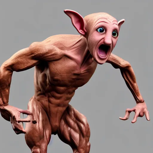 Prompt: 3d rendering of Dobby the House Elf as a screaming body builder, hd 4k