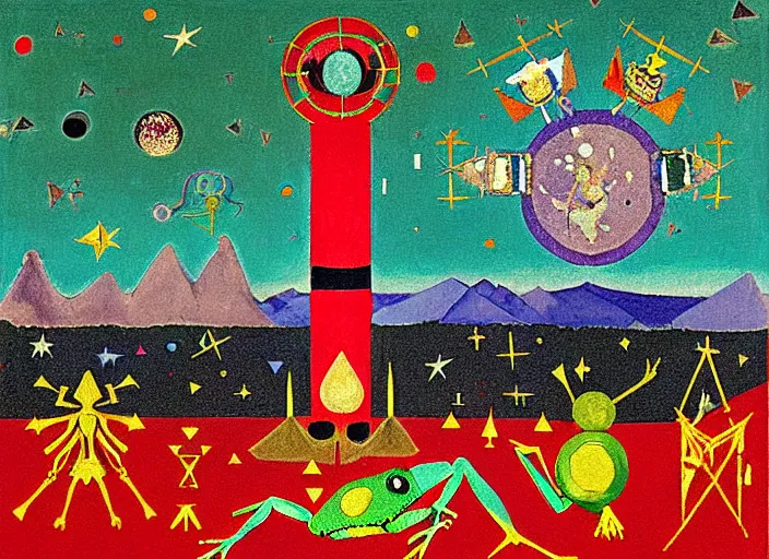 Image similar to pixel decollage painting tarot lovers card composition tower of babel road red armor wonky alien frog and maggot vampire clown knight on a skeleton pale horse in a dark green cloudy night sky with golden foil jewish stars and diamonds, mountain lake and blossoming field in background, painted by Mark Rothko, Helen Frankenthaler, Danny Fox and Hilma af Klint, pixelated, neo expressionism, semi naive, pastel colors, cinematic, color field painting, cave painting, voxel, pop art look, outsider art, minimalistic. Bill Traylor painting, part by Philip Guston, Amano and Francis Bacon. art by Adrian Ghenie and Storm Thorgerson, very coherent symmetrical artwork, cinematic, hyper realism, high detail, octane render, unreal engine, Smooth gradients, depth of field, full body character drawing, extremely detailed, 8k, extreme detail, intricate detail, masterpiece