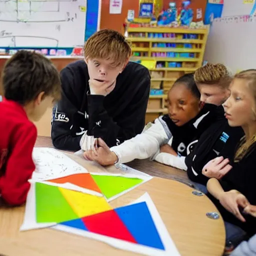 Prompt: 2000s photograph of Swedish rapper and singer Bladee teaching advance trigonometry to a group of 5 year old children in an elementary school-W 910