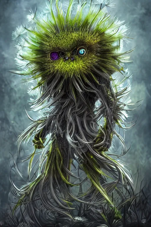 Image similar to a humanoid figure dandelion moss plant monster thistle armour, large eyes and menacing smile, highly detailed, digital art, sharp focus, trending on art station, anime art style