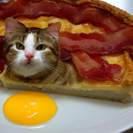 Image similar to fat tabby cat eating a bacon and egg pie