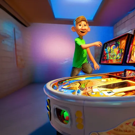 Prompt: kid playing pinball, 3d render by Pixar, raytracing, black background