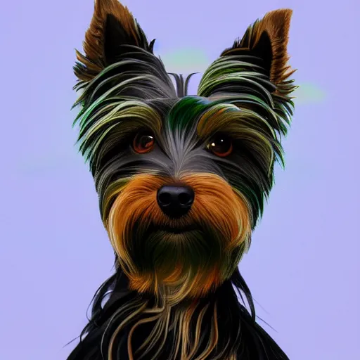 Image similar to head and shoulders portrait of modern darna, yorkshire terrier in a green field with a rainbow above, intricate, elegant, dark vibes, highly detailed, digital painting, artstation, glamor pose, concept art, smooth, sharp focus, illustration, art by wlop, mars ravelo and greg rutkowski