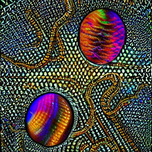 Prompt: cgsociety, hyperdetailed tapestry, rendering of shiny reflective specular dew drops forming in a colony of mycelium microplastics fused into rare lattice serpent sunstones, airbrush painting by Alfred Kelsner, glowing, trending on artstation, reflective movie still, imax 70 mm footage