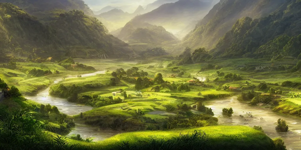 Prompt: a lush green valley with a clean meandering river, blue waters, crop fields, morning light, sun, beautiful, landscape view, village by the river, concept art, matte painting,
