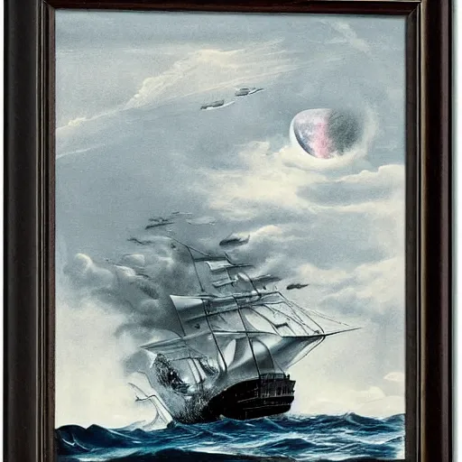 Image similar to moonlit ocean, stars in sky, leviathan attacking pirate ship flying in the sky by peter balke