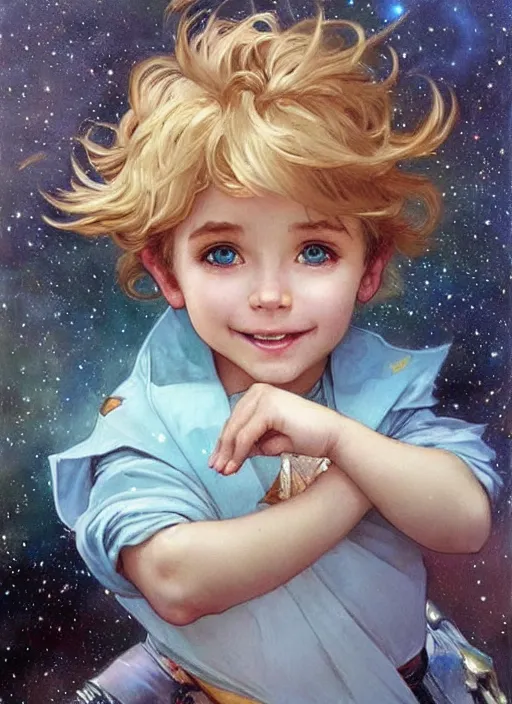 Image similar to a cute little boy with a mischievous face, blue eyes, and tousled blonde hair smiles as he floats in space with stars all around him. he is wearing a turquoise outfit. beautiful painting by artgerm and greg rutkowski and alphonse mucha