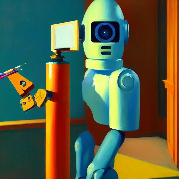 Prompt: beautiful illustration of a robot painting an artwork on a canvas with a paintbrush by Edward Hopper, colorful octane render